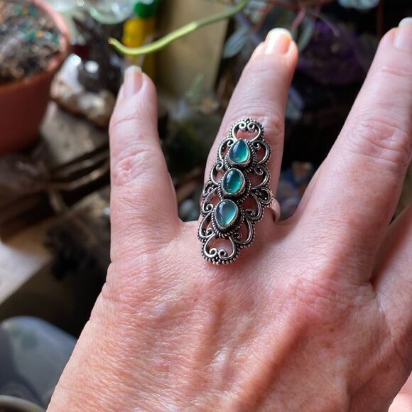 Green Onyx Boho Sterling Silver Gemstone Ring Size 9.5 - Picture 6 of 6